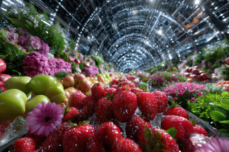 Fresh strawberries and colorful flowers are arranged beautifully in a bustling market under bright lights.の写真素材