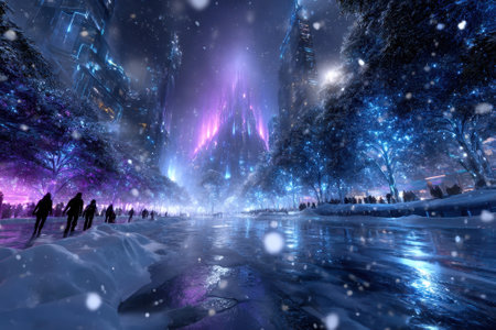 People stroll through a snowy futuristic city, surrounded by vibrant lights and tall buildings at night.の写真素材