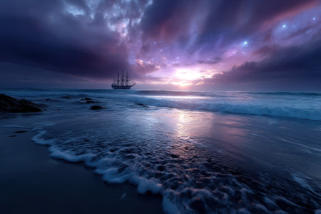 A stunning tall ship approaches the horizon as vibrant colors fill the sky at sunset, creating a serene atmosphere.の写真素材