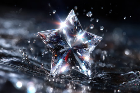 A star-shaped crystal shines brightly as it nestles in rippling water, creating playful splashes in the dark.の写真素材