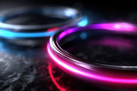 Two glowing rings with blue and pink light are positioned elegantly on a dark textured surface.の写真素材