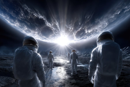 Astronauts in white suits walk on a rocky lunar surface, observing Earth and the bright celestial phenomenon above.の写真素材