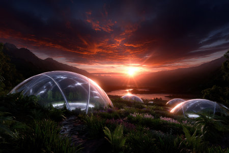 Sunset casts vibrant colors over translucent domes set in a rich green valley surrounded by towering mountains.の写真素材
