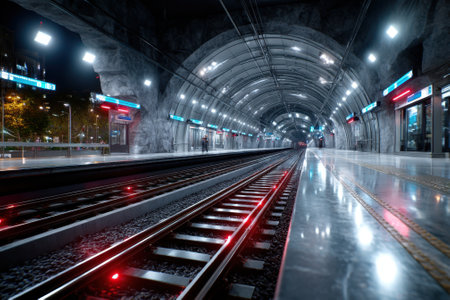 Modern train station features illuminated tracks and minimalist design, creating a captivating atmosphere.の写真素材