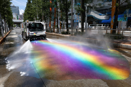 A cleaning truck sprays water on the pavement, creating a vibrant rainbow effect in the sunlight.の写真素材
