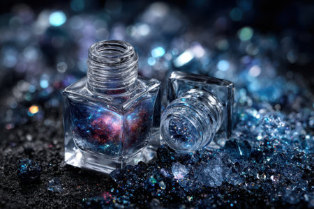 Two clear bottles of nail polish displaying galaxy patterns are surrounded by shimmering stones in a dark environment.の写真素材