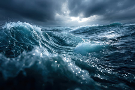 Turbulent ocean waves rise and fall under a dark, cloudy sky, creating a dramatic coastal atmosphere.の写真素材
