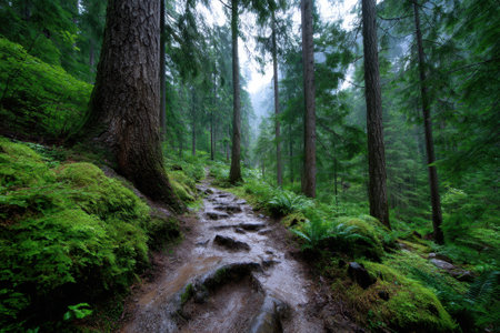 A winding trail leads through dense green vegetation and towering trees in a tranquil forest setting.の写真素材