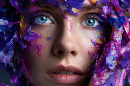 A woman with striking blue eyes is surrounded by vivid flower petals, creating a captivating art piece.の写真素材