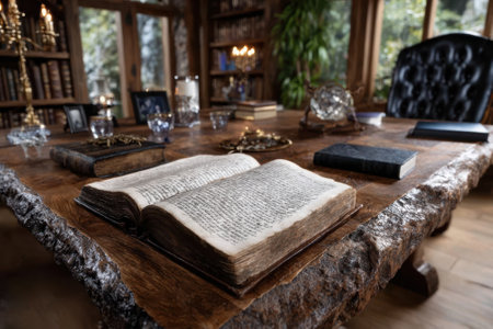 A leather bound book opens on a rustic wooden table, surrounded by bookshelves and natural light.の写真素材