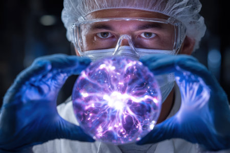 A scientist in protective gear examines a glowing plasma orb, showing electrical energy patterns.の写真素材