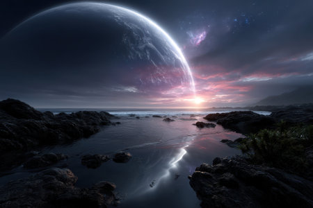 A vast alien landscape features a massive moon over tranquil waters during a vibrant sunset.の写真素材