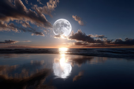 A stunning view of the full moon illuminating the ocean at dusk, creating a serene atmosphere by the shore.の写真素材
