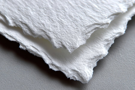 Close-up view of textured handmade paper demonstrating unique fibers and edges ideal for creative projects.の写真素材
