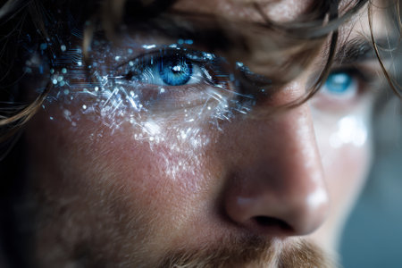 Man with blue eyes and intricate digital patterns near his face captures a futuristic vibe in urban setting.の写真素材