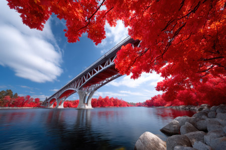 Vibrant red foliage frames a bridge over calm waters, with fluffy clouds above on a clear day.の写真素材