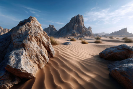 Vast desert terrain features rugged rock formations and gentle sand dunes illuminated by natural sunlight.の写真素材