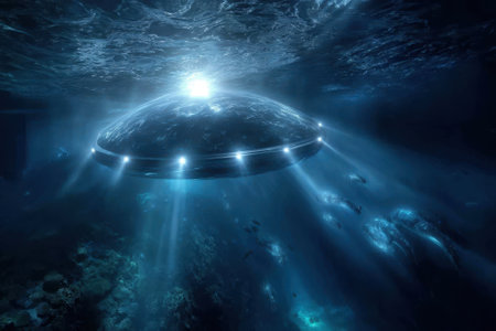 Bright lights illuminate the depths of the ocean as an unidentified craft hovers above aquatic creatures and coral.の写真素材