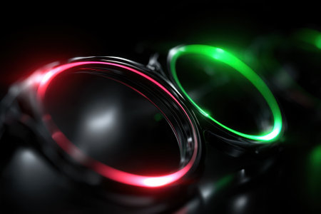 Close-up view of sleek eyewear featuring illuminated edges in red and green against a dark background.の写真素材