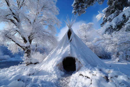 A teepee is surrounded by heavy snow and frosted trees under a clear blue winter sky.の写真素材