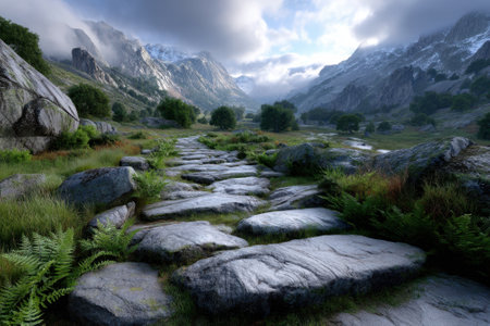 A winding stone path leads through lush greenery under dramatic clouds in a mountainous setting.の写真素材