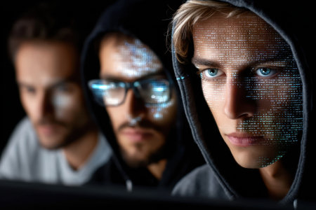 Three young individuals focus on computer screens, immersed in coding, with light reflecting on their faces.の写真素材