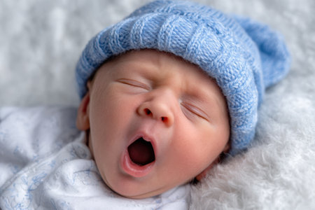 A gentle yawn escapes from a newborn wrapped in a soft blanket, showing off a cute blue knit hat.の写真素材