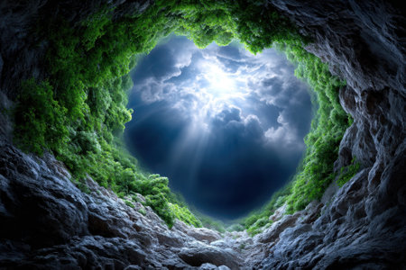 Sunlight streams into a cave from above, illuminating the rich foliage and rocky walls below.の写真素材