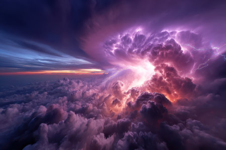 A captivating lightning storm creates brilliant light within towering clouds during a colorful sunset.の写真素材