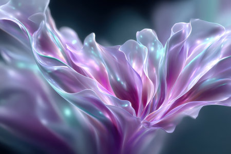 A mesmerizing abstract flower with soft, flowing petals in shades of purple and pink, radiating light.の写真素材