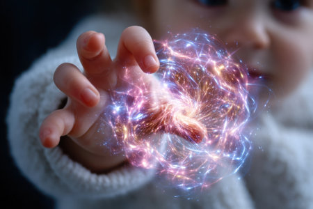 A young child stretches out her hand toward vibrant swirling lights, fascinated by the colors and movement.の写真素材