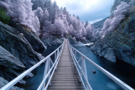 A wooden bridge crosses a serene river surrounded by ethereal pink trees under a cloudy sky.の素材