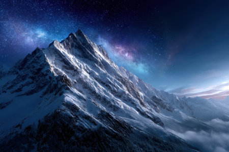 A majestic mountain rises against a star-filled sky, showing the beauty of the night and nature's splendor.の写真素材