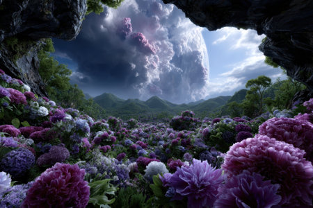 A lush valley filled with colorful flowers stretches beneath a dramatic sky with a visible planet and clouds.の写真素材