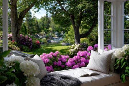 Bright flowers bloom in a serene garden, with sunlight streaming through a cozy window seating area.の素材