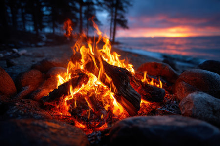 A warm fire burns brightly along a shoreline as the sun sets, casting vibrant colors across the sky.の写真素材
