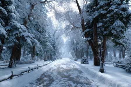 A tranquil walk through a snowy forest pathway lined with tall trees, creating a peaceful winter atmosphere.の写真素材