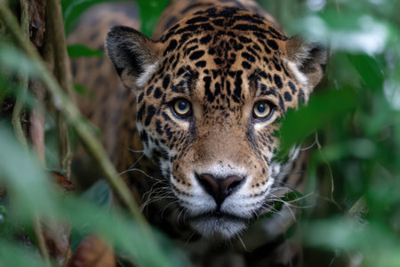 A jaguar peeks through the green jungle leaves, showing its striking spots and intense gaze, ready to hunt.の写真素材