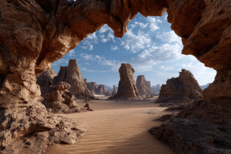 Towering rock formations emerge from golden sands in a vast desert, framed by a natural arch under a clear sky.の写真素材