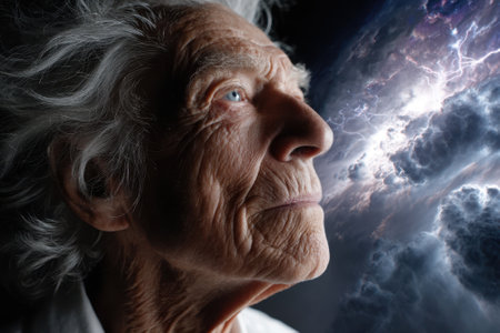 An elderly man gazes thoughtfully at a dramatic cosmic scene filled with swirling clouds and lightning.の写真素材