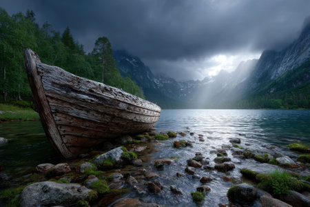 A weathered wooden boat sits on a rocky shoreline at a mountain lake, surrounded by dark clouds and light rays.の写真素材