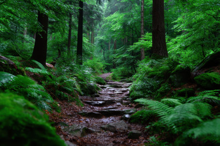 A winding trail of stones leads through a vibrant forest filled with lush green plants and trees.の写真素材