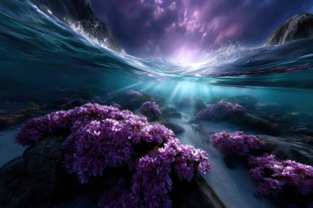 A captivating underwater perspective showcases colorful flowers amidst rocky terrain and shifting ocean waves.の写真素材