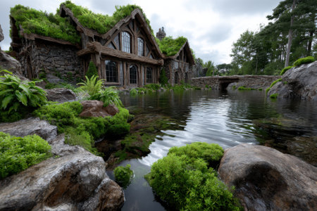 A charming cottage with a moss-covered roof sits next to tranquil water, surrounded by vibrant green plants.の写真素材