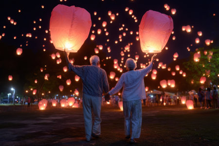 Elderly couple holds hands while releasing lanterns at a festive evening gathering filled with light.の写真素材