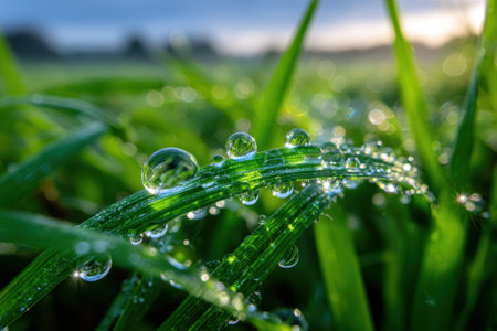 Droplets of water sparkle on green grass blades during early morning light, creating a serene atmosphere.の写真素材