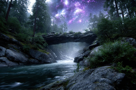 Stars illuminate the night sky above a tranquil river flowing through a lush forested valley.の写真素材