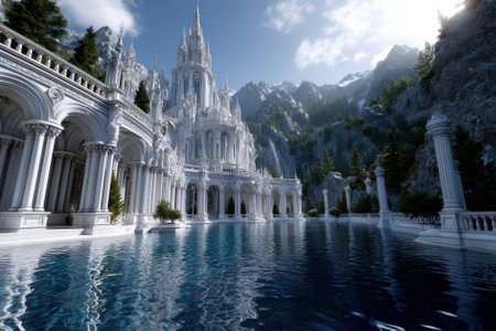 A grand castle with intricate architecture stands next to a calm lake, surrounded by towering mountains and trees.の写真素材