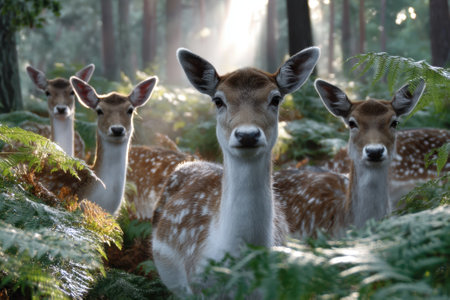 Four deer stood in a lush green forest, surrounded by ferns, illuminated by soft sunlight breaking through the trees.の写真素材