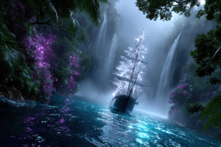 A ship navigates through a tranquil waterway, surrounded by lush greenery and vibrant waterfalls at dusk.の写真素材